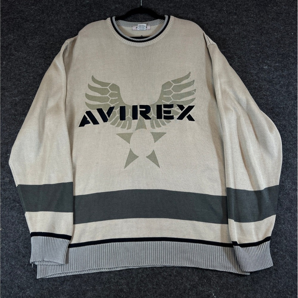 Vintage 90s Avirex Sweater Mens XL Beige Gray Logo Crewneck Pullover Streetwear